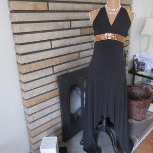 Black Halter Dress, Hankerchief hem & gold sequins